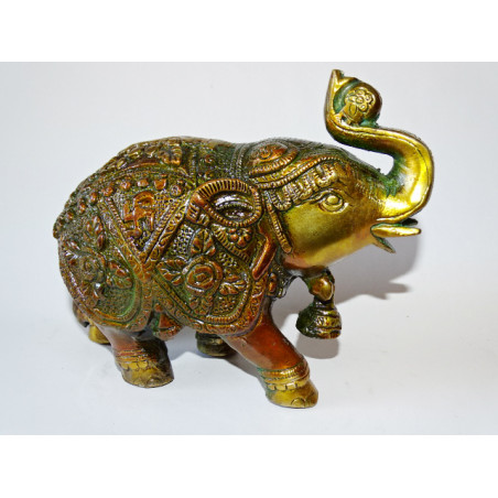 Elefante cerimoniale con campana e patina dorata e marrone
