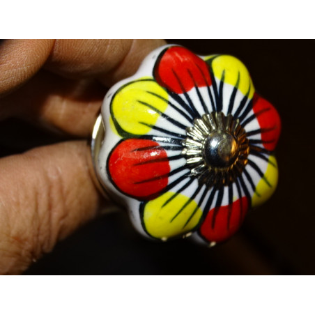 Manico di zucca in porcellana con fiori rossi e gialli - argento