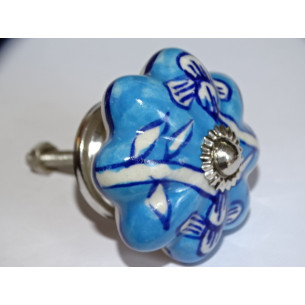 Poignée citrouille en porcelaine turquoise avec fleurs outremer - argenté