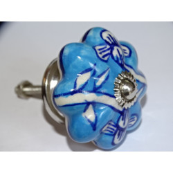 Pumpkin handle in turquoise porcelain with ultramarine flowers - silver
