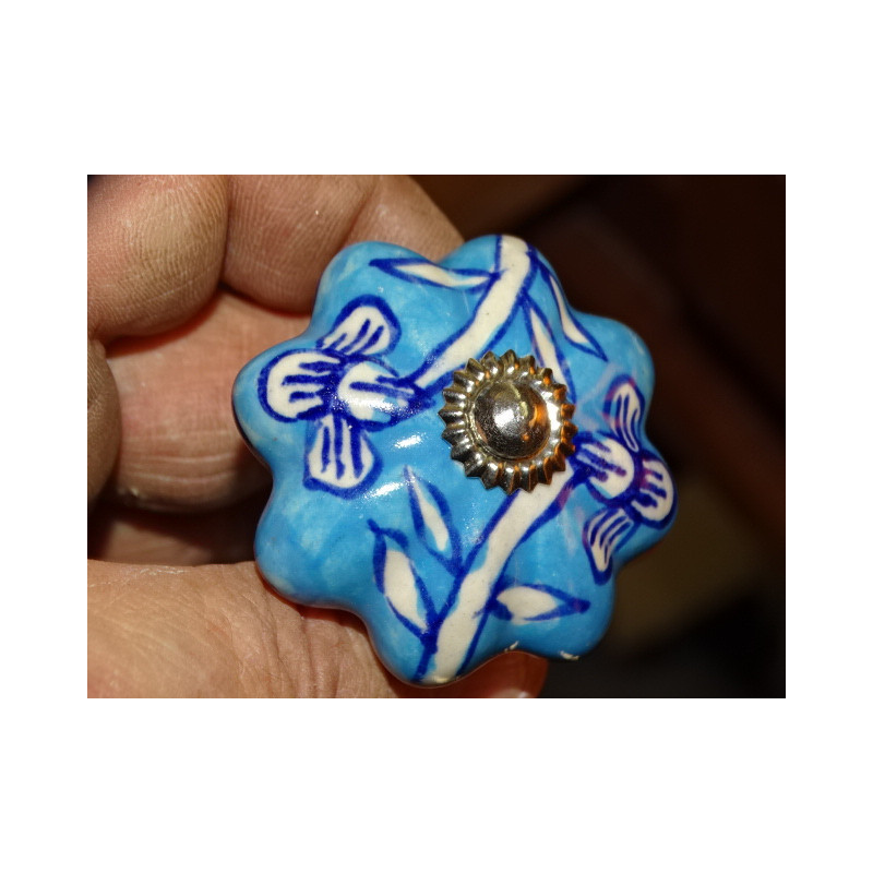 Poignée citrouille en porcelaine turquoise avec fleurs outremer - argenté