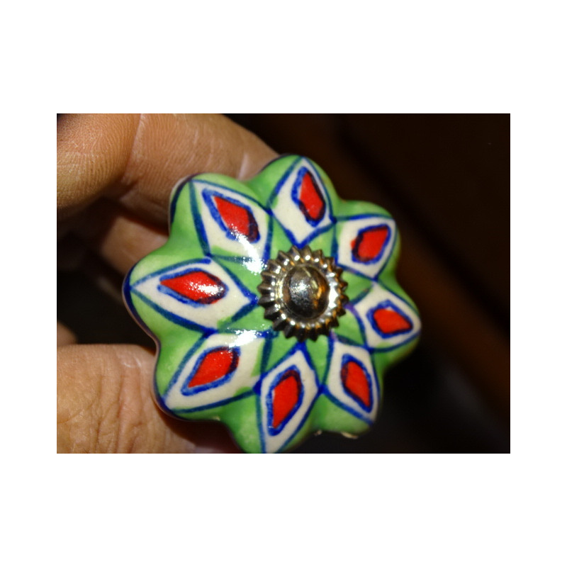 Pumpkin handle in green porcelain and red flowers - silver
