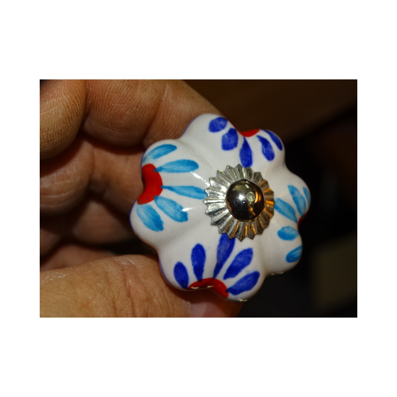 Poignée citrouille blanche et fleurs turquoise et bleu outremer - argenté