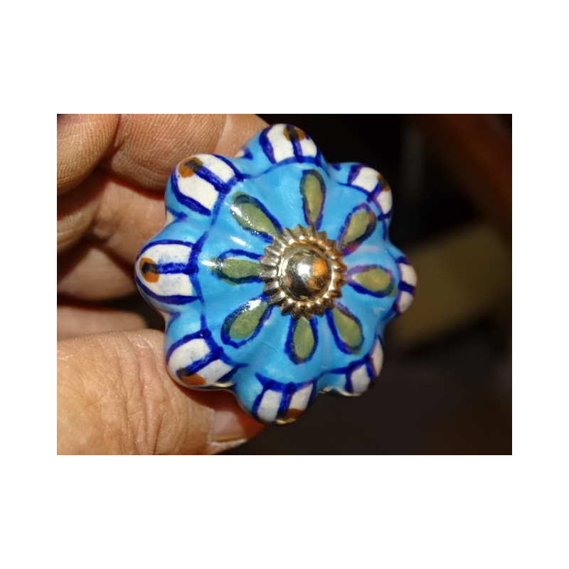 Pumpkin handle in turquoise porcelain and white petals - silver