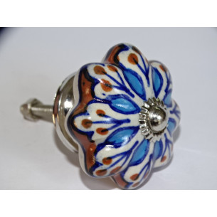 Poignée citrouille en porcelaine marron et fleur turquoise - argenté
