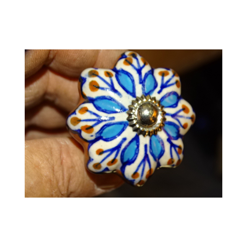 Kürbisgriff aus braunem Porzellan und türkisfarbener Blume - Silber
