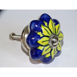 Pumpkin handle in ultramarine blue porcelain and yellow sunflower - silver