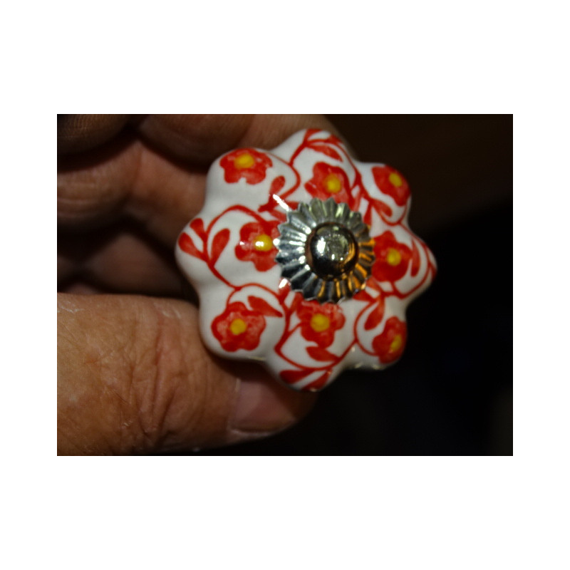 Poignée citrouille en porcelaine blanche et fleur rouge - argenté