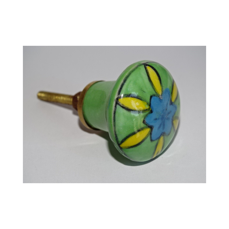 Botón de porcelana verde y flor amarilla y turquesa